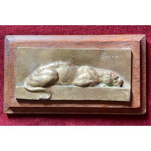 Bronze Bas-relief "panther On The Prowl" By Baron
