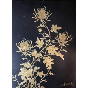 "chrisanthemums", Small Lacquer Panel By Thanh Ley