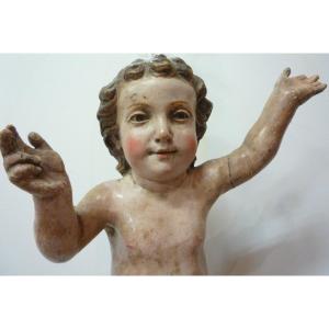 18th Century Baby In Polychrome Carved Wood