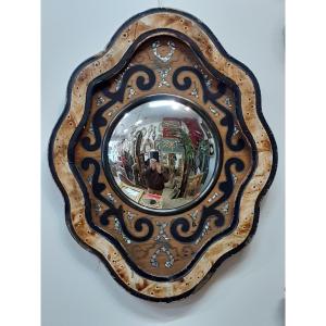 Witch Mirror With Wooden Surround Inlaid With Mother-of-pearl.