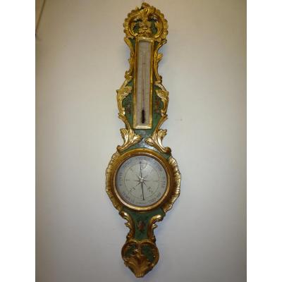 Barometer Louis XV Gilded Wood And Painted With Flowers.