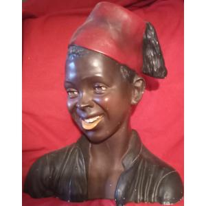 Polychrome Plaster Sculpture "little Black Boy At La Chéchia"