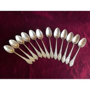 Set Of 12 Silver Metal Spoons - Art Nouveau - Boulenger Hallmark