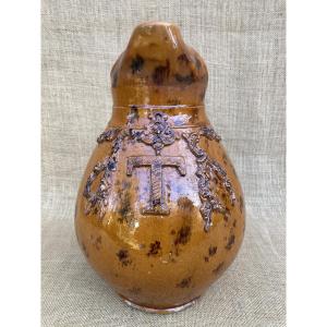 Large Jug With Flap, Glazed Earthenware, Breton, Rennes 1873, Folk Art