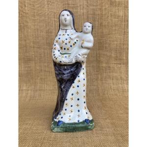Virgin And Child Polychrome Earthenware, Brittany Or Nevers 19th Century