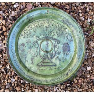 Glazed Earthenware Dish With A Central Boss, From The Gard Region, Vauvert, 18th Century, Folk Art 