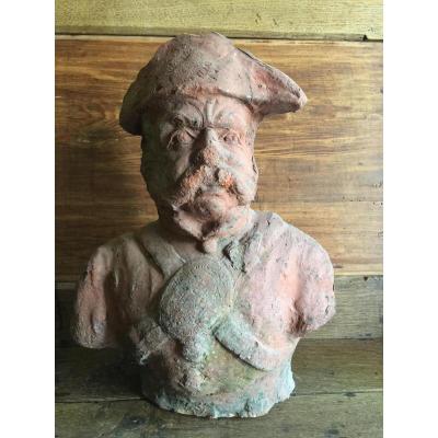 Heudebouville's Ridge Head - Roof Tip Statue - Pottery Of Normandy XIXth Folk Art