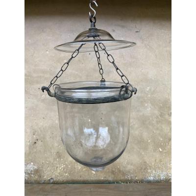 Lantern And Its Smoke-proof Top In Translucent Blown Glass - Chains And Fixing In Brass, Bronze Aspect - Glassware Early 19th