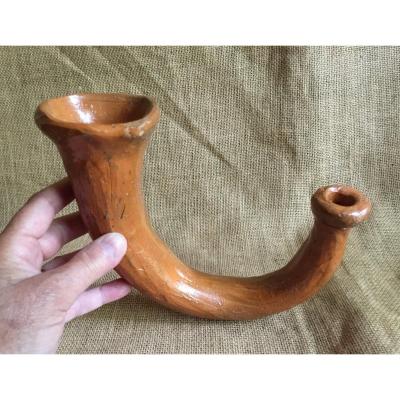 Call Horn / Hunting Horn In Salt Glazed Earth - Earthenware Beauvaisis XIXth Folk Art 