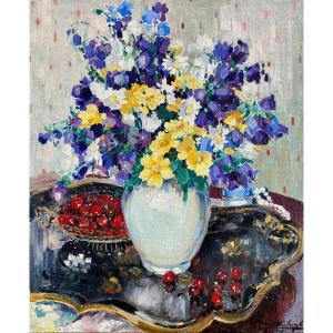Medard Verburgh (1886-1957) "Vaso di fiori con ciliegie" Olio su tela cm 65 x 78