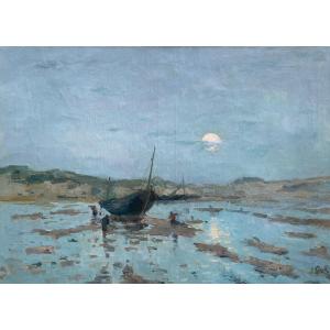 Lucien Frank ( 1857-1920) "Effet De Lune , La Panne" Olio su tela Cm 60 X 84