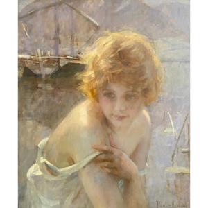 Paul Emile Chabas (1869-1937) "Giovane bagnante" Olio su tavola  cm 45 x 55