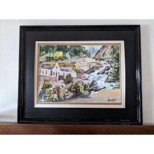 Watercolor “les Thermes De Cauterêts” By Jean Hourregue (1925-1983)