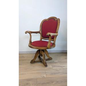 Antique Swivel Captain's Chair — Solid Oak And Period Garnet Fabric