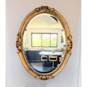 Oval Gilt Mirror – Mid-20th Century Style, Beveled Glass 82 X 64