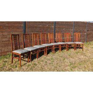Set Of Eight Teak Chairs, Circa 1960-70, In The Style Of Charles Mackintosh, Seats Restored