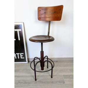 Antique Workshop Chair With Screw Mechanism – Wood And Metal, Original Patina