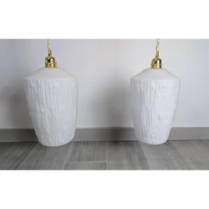 Pair Of 140cm White Opaline Glass Pendant Lights, Modernist Style, Circa 1960