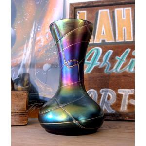 Iridescent Glass Vase With Applied Decoration, Art Nouveau Work Attributed To Loetz