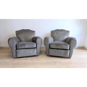 Pair Of Club Moustache Armchairs, Grey Velvet, French Work From The 1930s