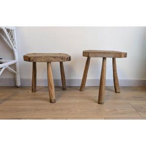 Pair Of Brutalist Stools, Tripod, Solid Wood, Early 20th Century