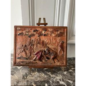 Enameled Terracotta Plaque Depicting A Bullfight Scene.