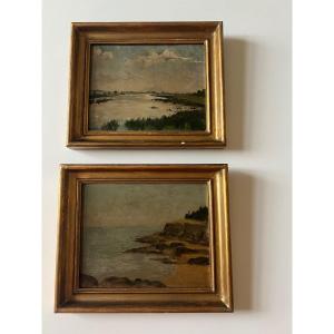 Desvignes. Pair Of Landscapes. Oil On Wood. 19th Century. 24 X 19 Cm