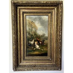 Claude Guilleminet. Rooster And Hens. Oil On Panel Signed 41 X 22 Cm