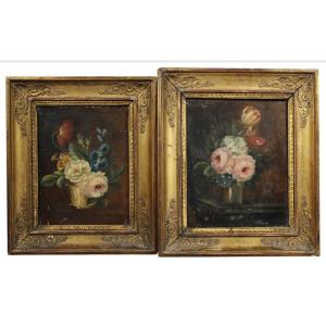 French School, Early 19th Century, Pair Of Bouquets, Framed Oils On Canvas.