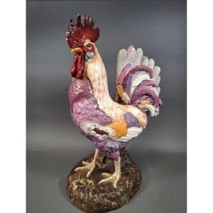 Large Glazed Earthenware Rooster, Circa 1900, Height 65 Cm. Magnificent
