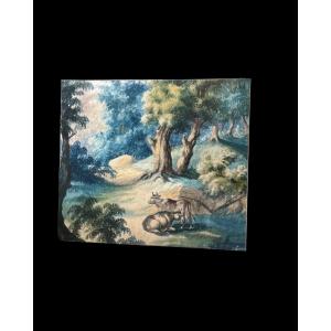 Cows. Antique Gouache On Fine Canvas – Study For A Garden Scene Or Tapestry. 92 × 81.5 Cm
