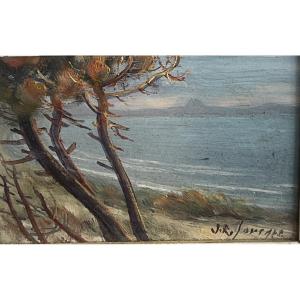 Jean Roger Sourgen Pines By The Sea. Oil On Panel. 10 X 15.5cm.