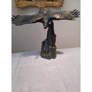 Bronze Sculpture By Louis Albert Carvin "eagle Taking Flight From The Mountain"
