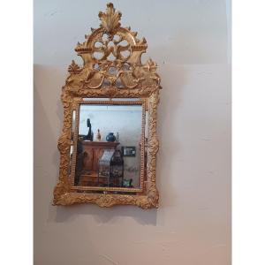 Gilded Wooden Mirror With Glazing Beads And Pediment, 18th Century