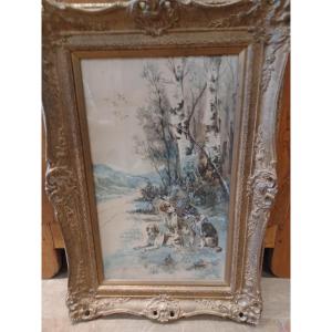 Watercolor Depicting A Group Of Hunting Dogs At The Edge Of A Forest
