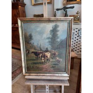 Oil On Canvas, Peasant Scene With Cows