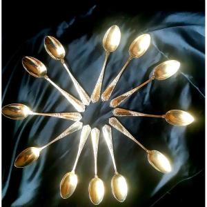 Ravinet d'Enfert Ravishing Suite Of 12 Coffee Or Tea Spoons In Vermeil Decor Naturalist Century 19th