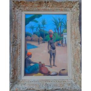 Emile Contrault (1881-1945) Beautiful Africanist Painting From The 30s African Village  Colonial Exhibition Of 1931 In Paris