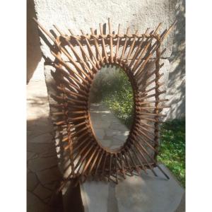 Pretty Mirror Radiating Sun Ice In Rattan XXth Century