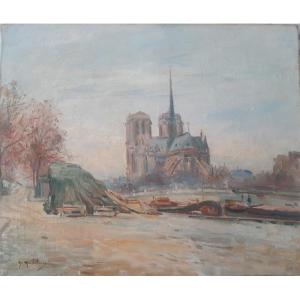 Gustave Madelain (1867-1944) Painting Paris The Barges The Quai De Montebello And The Cathedral Notre - Dame