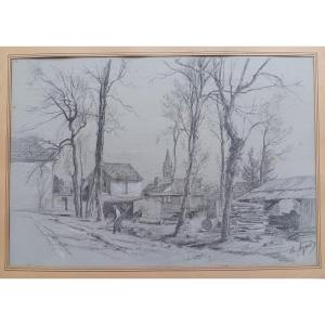 Charles Jean Agard (1866 - 1950) Charcoal Drawing "the Traveling Sawmill" Isle Adam
