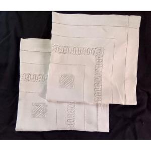 Old Pair Of Pillowcases Embroidered With Days And Inlays In Linen Art Nouveau Art Déco Period Old Linen