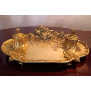 Albert Marionnet (1852-1910) Beautiful Double Inkwell With Blackberries In Gilt Bronze Art Nouveau