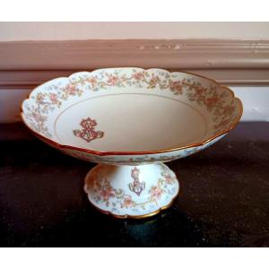Compotier Drageoir Cutting Scalloped Edge Porcelain Hache In Vierzon Limoges Art Nouveau Flowers