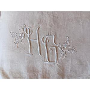 Old Ecru Linen Sheet Embroidered With Holly Art Deco Monogramm Hg With Returns Never Used Handmade