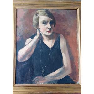 Roland Oudot (1906-1982) Portrait Of Young Woman With Long Necklace Garçonne Painting Art Deco Period 1930