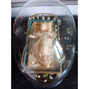 Wax Dressed Child Jesus Little Child Under Glass Bell