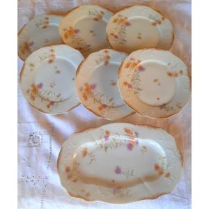 Elegant Suite Of 6 Dinner Plates 24 Cm + Limoges Art Nouveau Flower And Gold Hache Porcelain Dish (2)