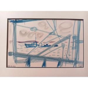 Jean Cluseau-lanauve (1914-1997) Watercolor Drawing Representing A Naval Building Navy At Sea