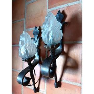Important Pair Of Medieval Style Torchiere Wall Lights With Fleur De Lys Decor In Wrought Iron